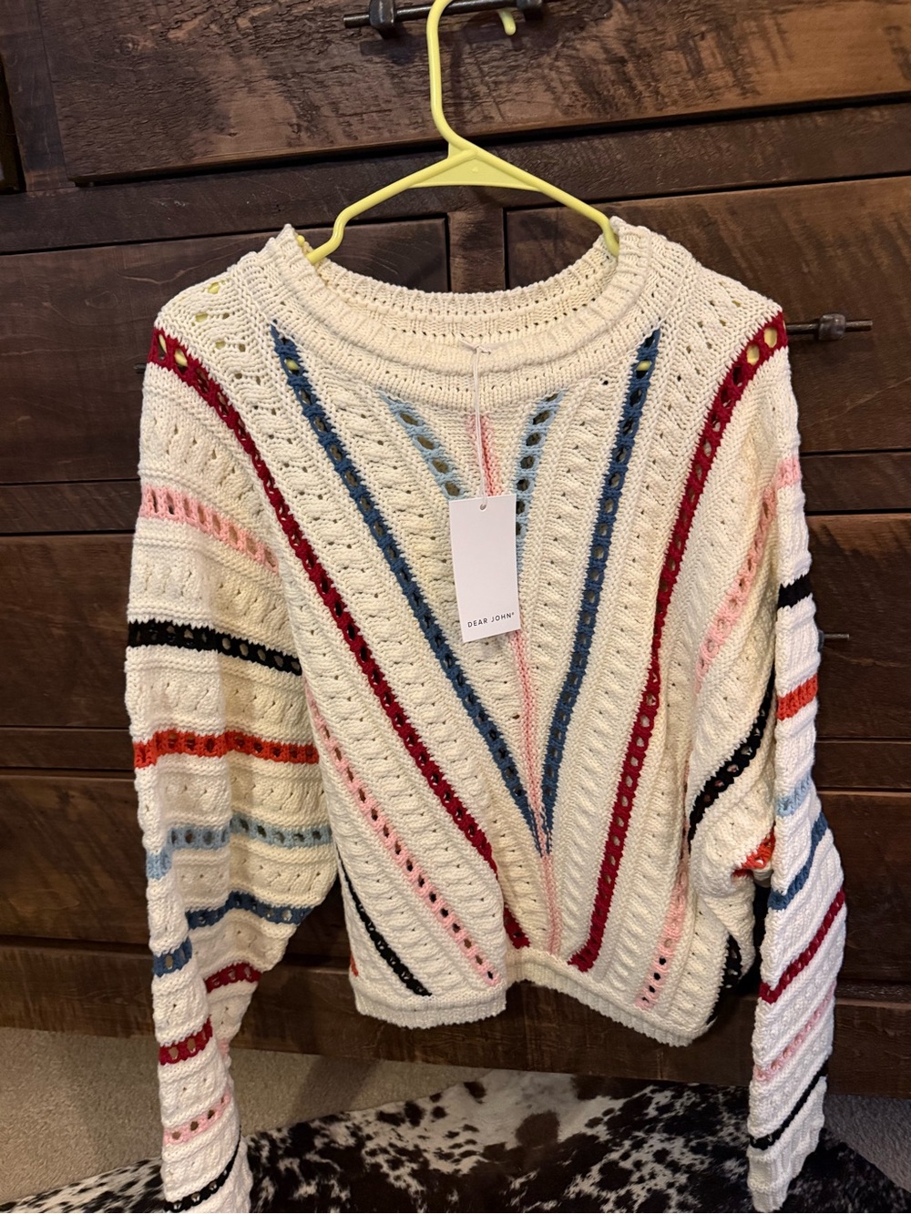 Dear John Cream Open-Knit Sweater with Multicolor Stripes